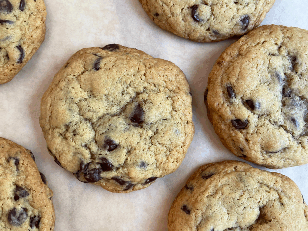 Close-up of freshly baked sourdough chocolate chip cookies on parchment paper.